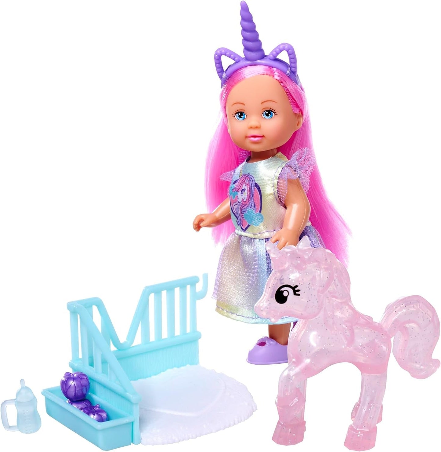 Simba Evi Love Einhorn-Spielpuppe trägt ein süßes Einhornkleid mit passendem Stirnband, inklusive Einhorn mit Stall, Äpfeln und einer Trinkflasche, 12 cm, ab 3 Jahren