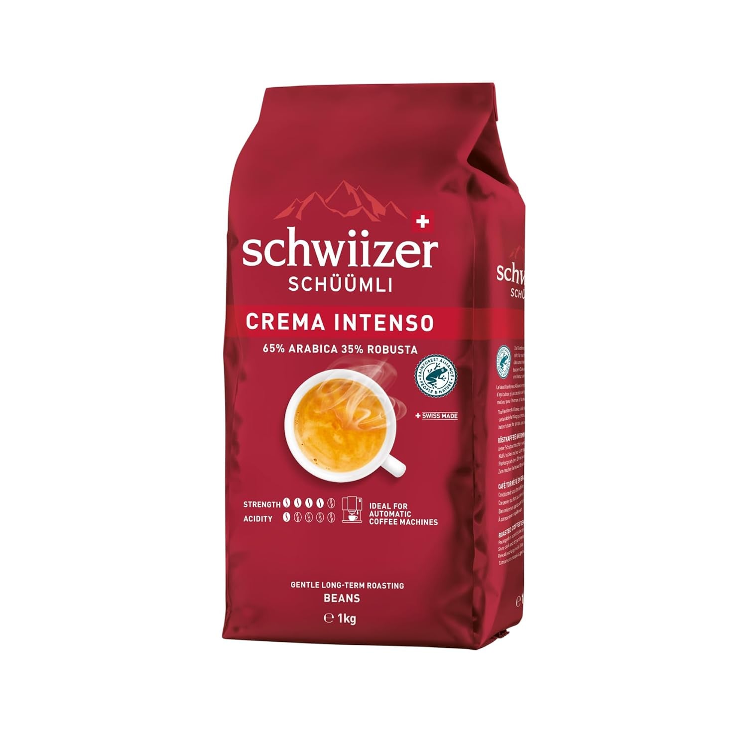 Schwiizer Schüümli Intenso, Arabica/Robusta-Kaffeebohnen, vollmundig und intensiv, ideal für automatische Espressomaschinen, Stärke 4/5, mittlere Röstung, Rainforest Alliance, 1kg