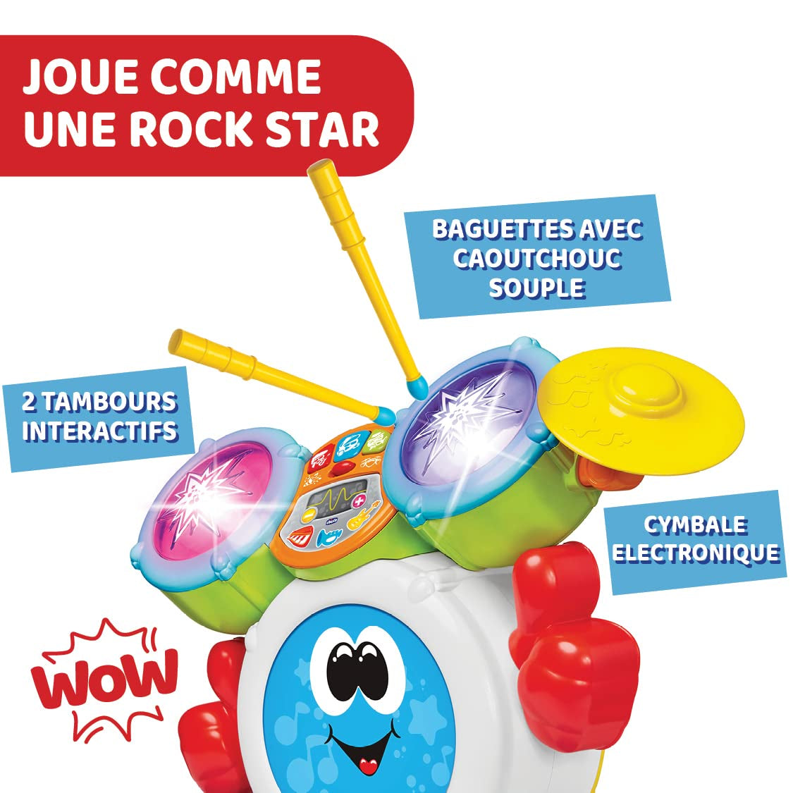 Chicco 00009820100000 Mi First Schlagzeug-Set mit Lichtern und Sounds, 3 Spielmodi, Musikinstrument mit Batterie für Kinder, mehrfarbig, groß, Jucarii Bebe Naty Shop