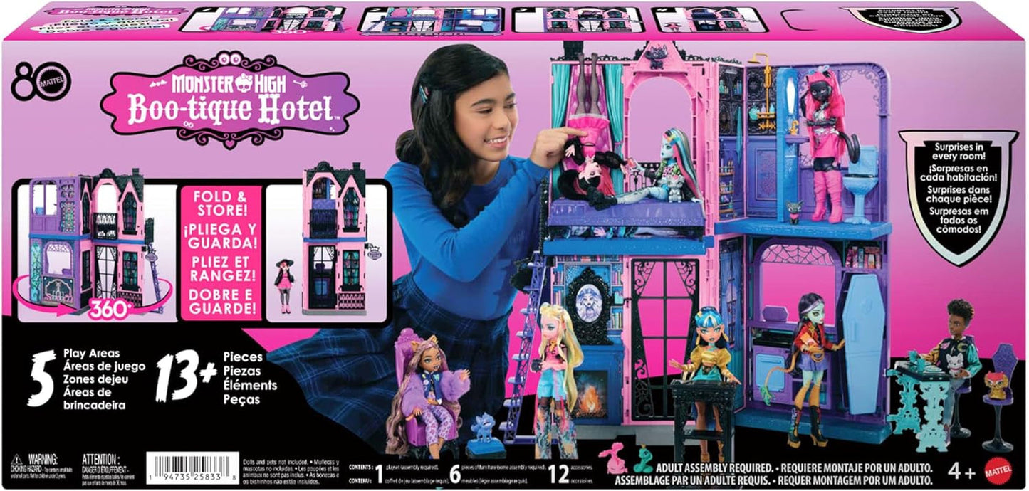 Monster High Buh-tique Hotel-Puppenhaus, faltbares Spielset mit gruseligen Überraschungen in jedem Zimmer und über 13 Spielsets, einschließlich Möbeln und Zubehör, JBF16
