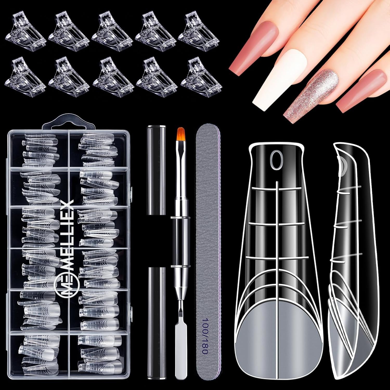 120-teiliges Nagelform-Set, Nagelverlängerungen, Gel-Nagelformen, Nagelform-Set mit Doppelkopfbürste und Nagelfeile mit Clips, für Gelnägel