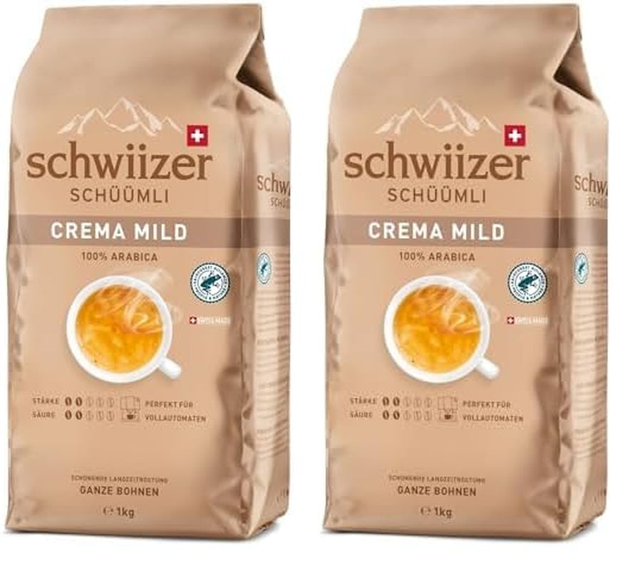 Schwiizer Schüümli Crema Mild, 100 % Premium-Arabica-Kaffeebohnen, fruchtig und nussig, für Kaffeevollautomaten, Stärke 2/5, leichte Röstung, Rainforest Alliance-zertifiziert, 1 kg (2er-Pack)