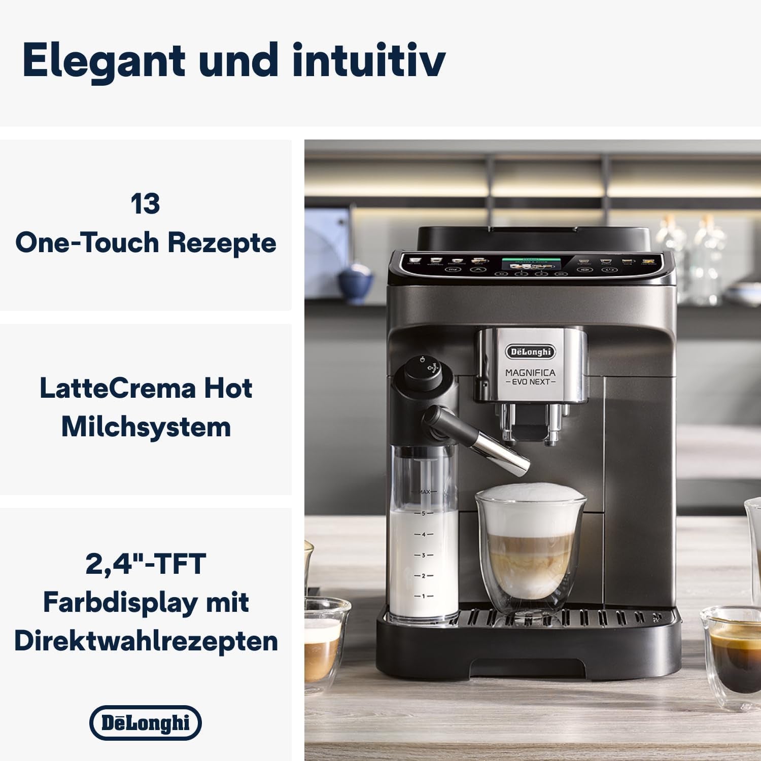 De'Longhi Magnifica Evo Next - Perfetto Vollautomatische Espressomaschine mit LatteCrema Milchaufschäumer, 13 One-Touch-Getränke, Kaffee- und Cappuccino-Zubereiter, Farb-Touchscreen, Titan (ECAM312.80.TB)