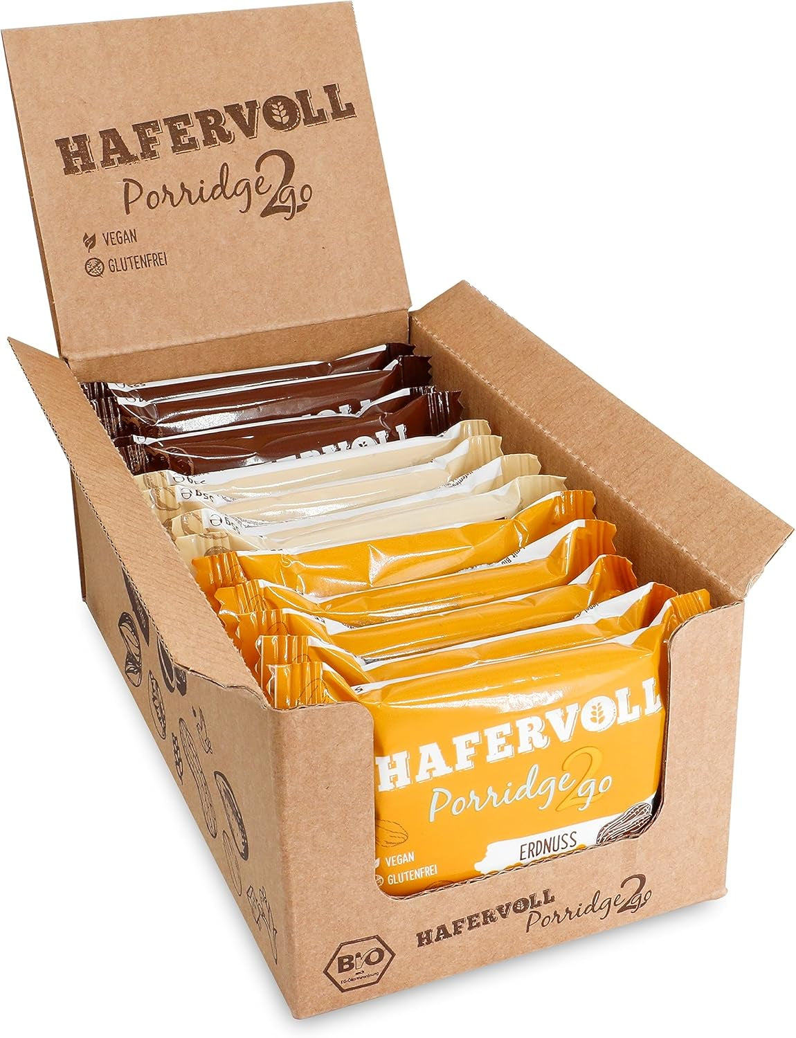 Hafervoll Porridge2go Erdnussbutter und Nüsse, 13 Riegel x 55 g – Vegan, Bio, Glutenfrei, Snack ohne Zuckerzusatz, mit Hafer, Datteln und Quinoa-Süßigkeit
