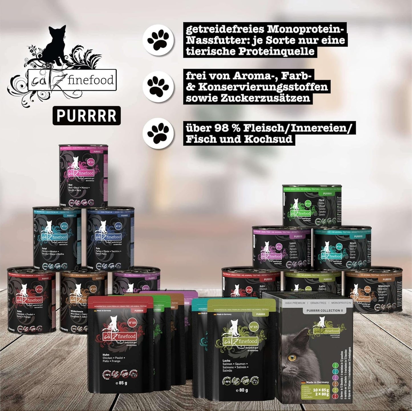 Nassfutter für Katzen Catz Finefood Purrrr Horse Monoprotein Nr. 123, für Katzen mit empfindlicher Verdauung, 70 % Fleischanteil, 6 Boxen x 400 g