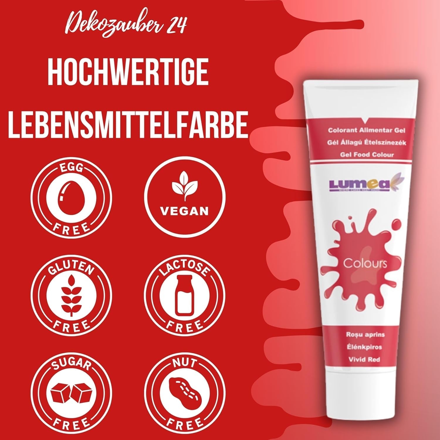 Dekozauber 24 rote Lebensmittelfarbe, Gel, 30 g, vegan, zuckerfrei, hochkonzentriert, rote Lebensmittelfarbe für Fondant, Buttercreme, Getränke und mehr
