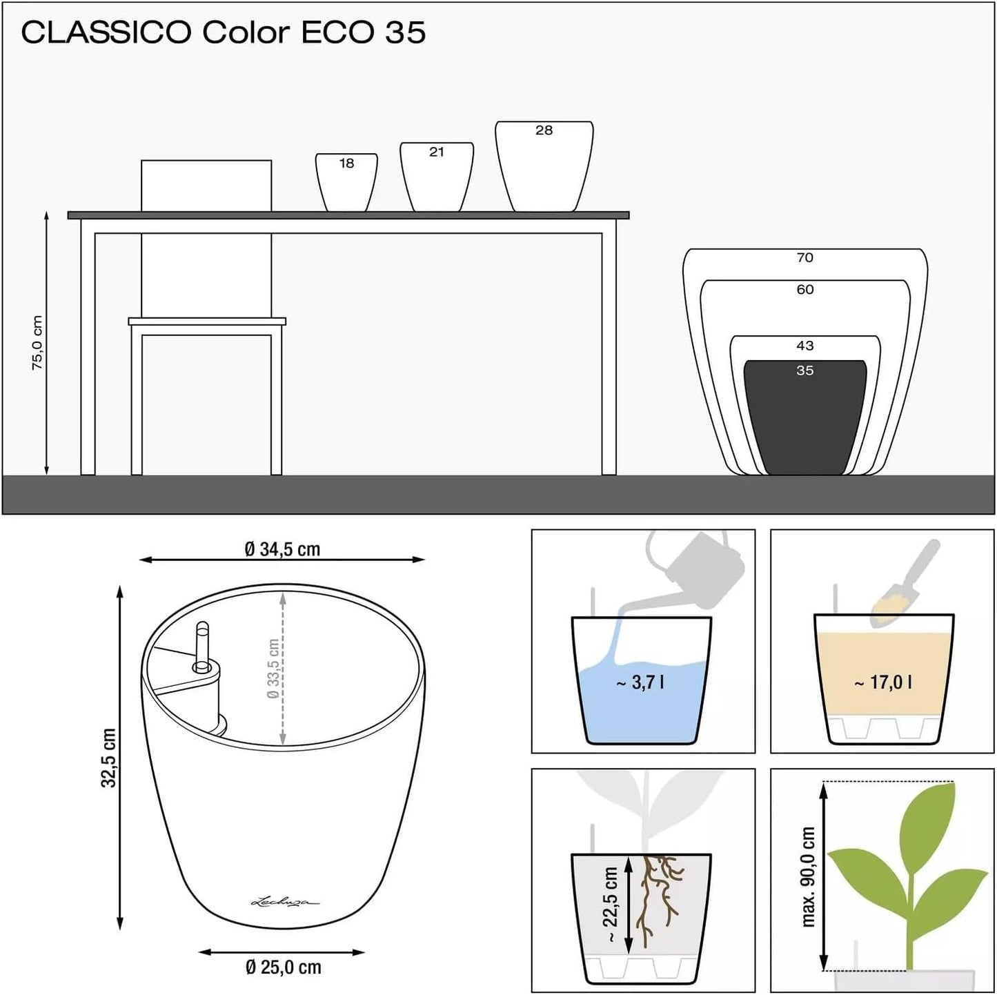LECHUZA Blumentopf Classico Color ECO 35 Hellgrau mit Bewässerungssystem und Wasserstandsanzeige | Hergestellt aus 100 % recyceltem Kunststoff | Mattes Finish | Ø 34,5 x 32,5 cm | 18930