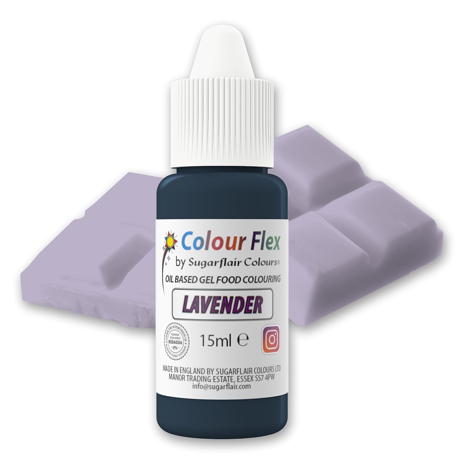 Sugarflair Colourflex Lebensmittelfarbe auf Ölbasis Lavendel, hochkonzentrierte flüssige Lebensmittelfarbe für Buttercreme, Schokolade, Teig, Fondant, Zuckerguss und mehr – 15 ml