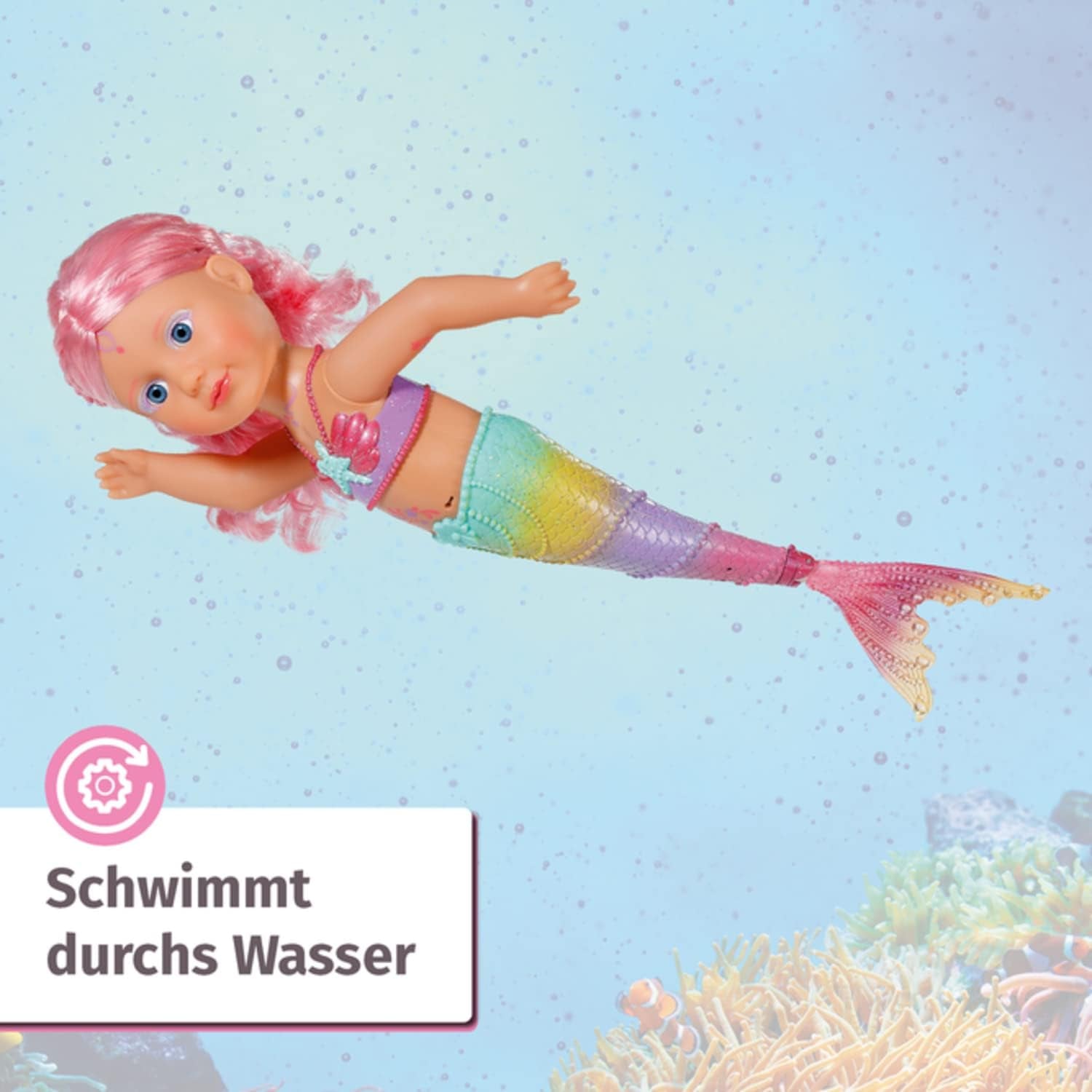 BABY Born Little Sister Mermaid 46 cm Wasserfeste Meerjungfrauenpuppe mit langen Haaren und beweglicher Glitzerflosse, inkl. Tiara und Kamm, 833681 Zapf Creation Dolls Naty Shop