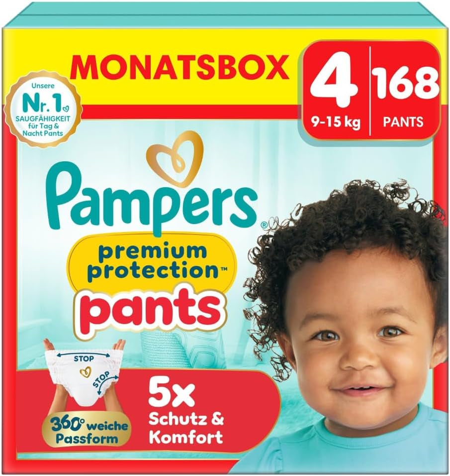 Pampers Premium Protection Pants Größe 7, 123 Windeln, 15 kg+, mit 360°-Anpassung und weichen Anti-Leck-Bündchen für optimalen Komfort und Schutz