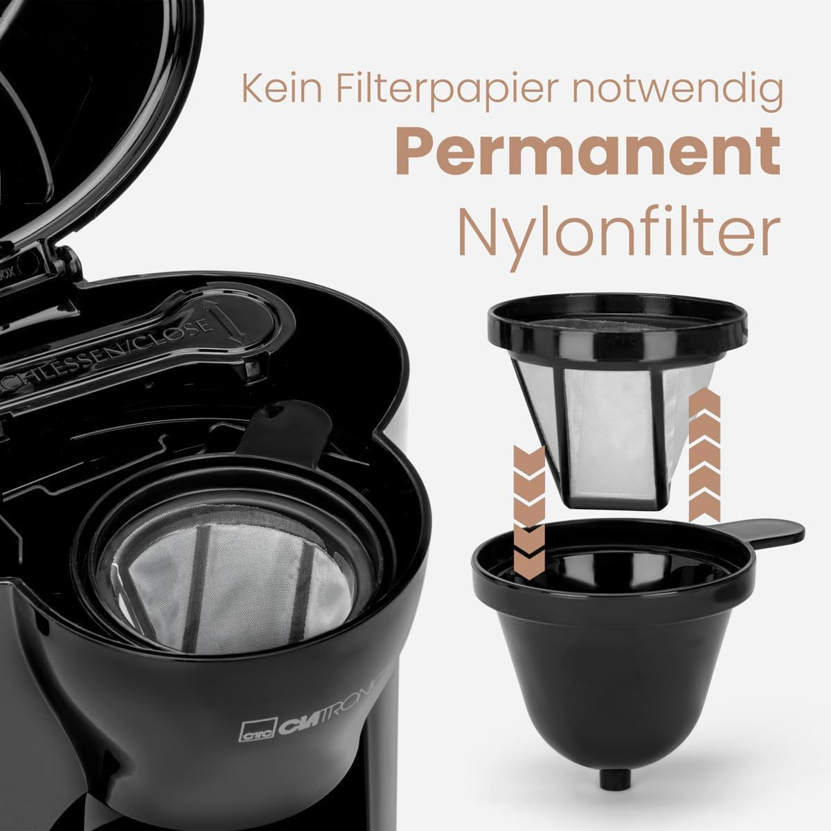 Clatronic® 1-Tassen-Kaffeemaschine | Perfekte Espressomaschine für Singles | Espressomaschine mit Filter, inklusive Keramiktasse | Kleine Espressomaschine mit Filter, ideal für unterwegs | KA 3356