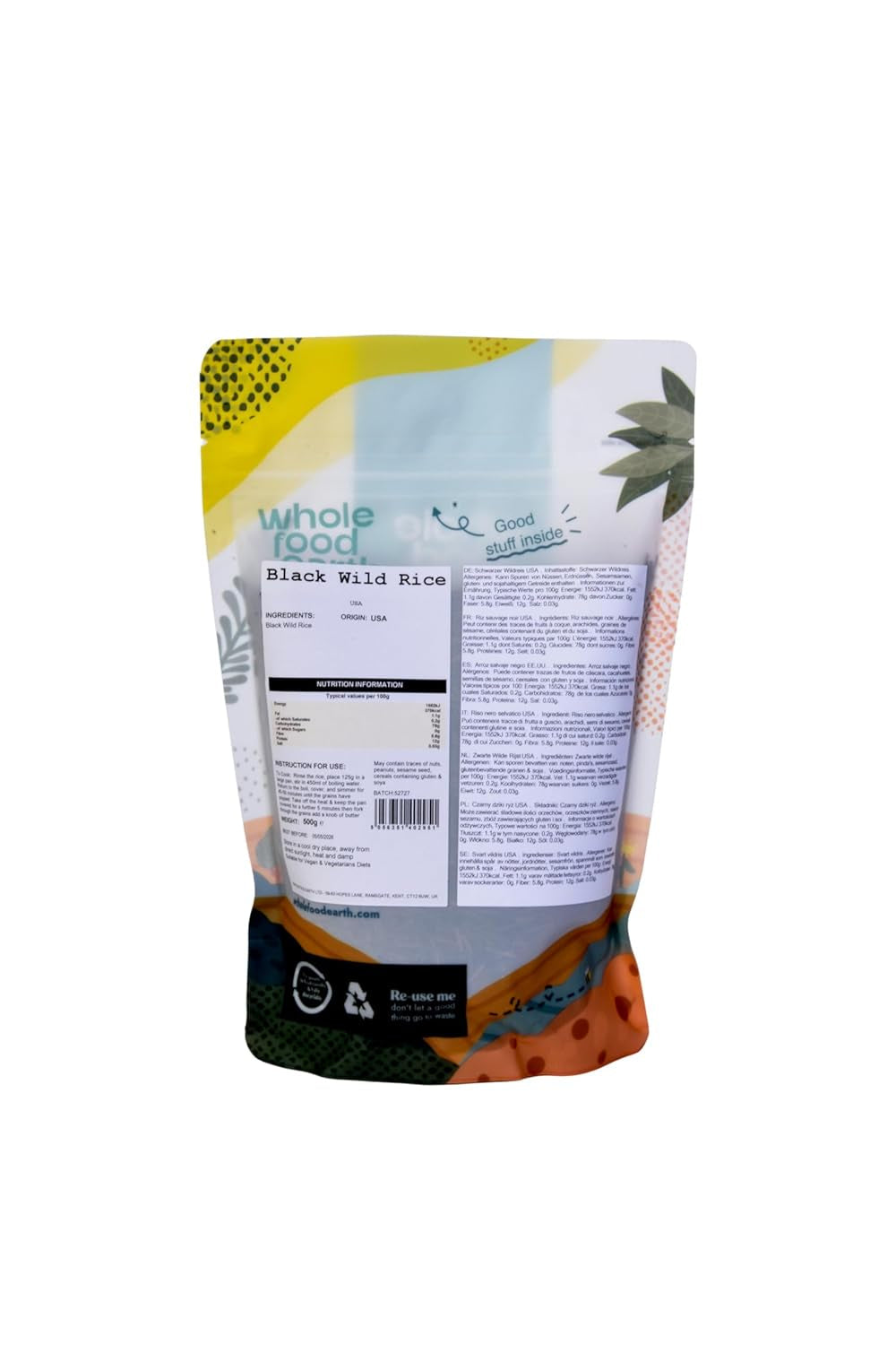 Wholefood Earth USA Schwarzer Wildreis – gentechnikfrei – natürlich – vegan – milchfrei – ohne Zuckerzusatz, 500 g