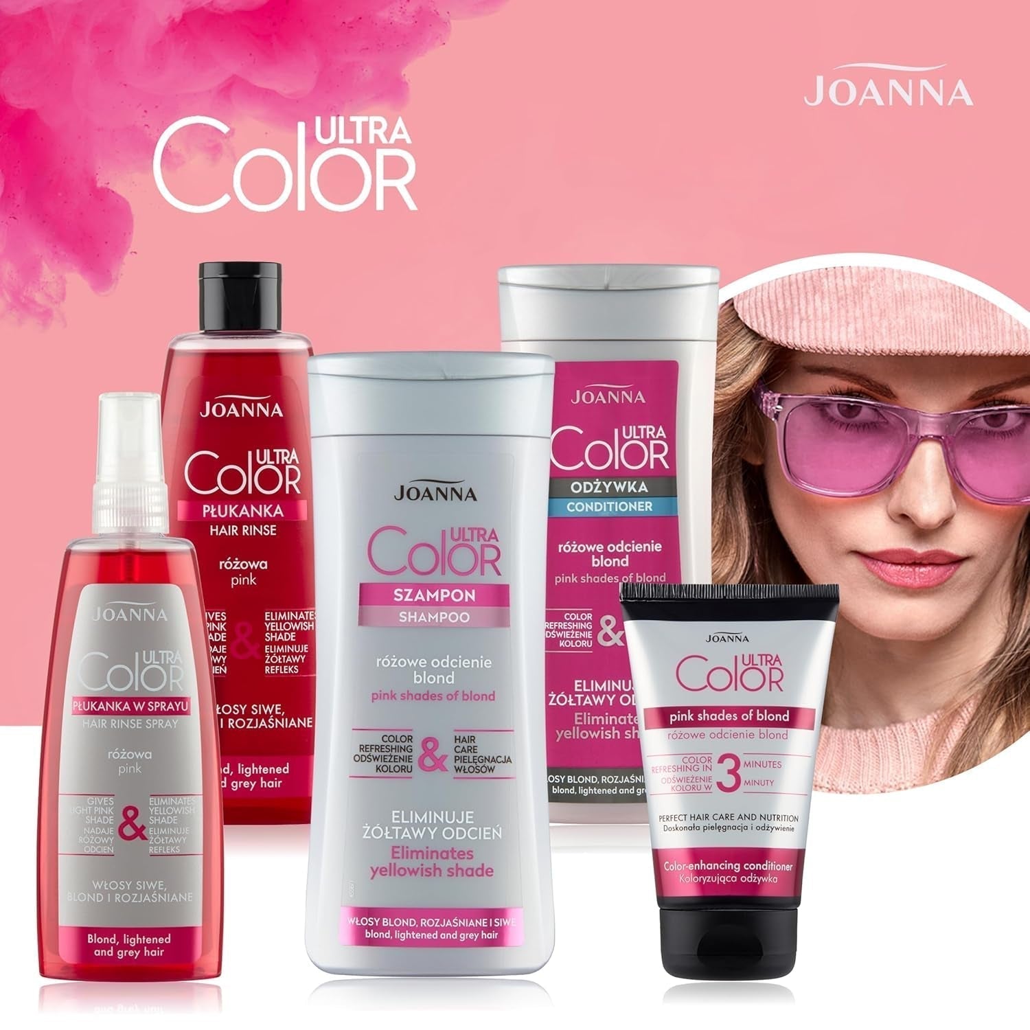 Joanna Ultra Color – Rosa Farbspülung für blondes und helles Haar – Pastellrosa – Natürlicher Glanz – Entfernt den Gelbstich aus graublondem Haar – Vorübergehende Wirkung – 150 ml Haarfärbemittel Naty Shop