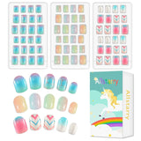 72 Stück vorgeklebte Kindernägel, vollständige Abdeckung, Glitzer, Farbverlauf, Schleife, kurze künstliche Nägel, tolles Geschenk für Kinder und Mädchen, Nagelkunst – Regenbogen-Glitzer