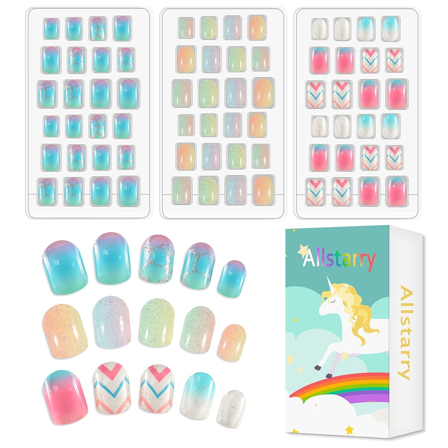 72 Stück vorgeklebte Kindernägel, vollständige Abdeckung, Glitzer, Farbverlauf, Schleife, kurze künstliche Nägel, tolles Geschenk für Kinder und Mädchen, Nagelkunst – Regenbogen-Glitzer