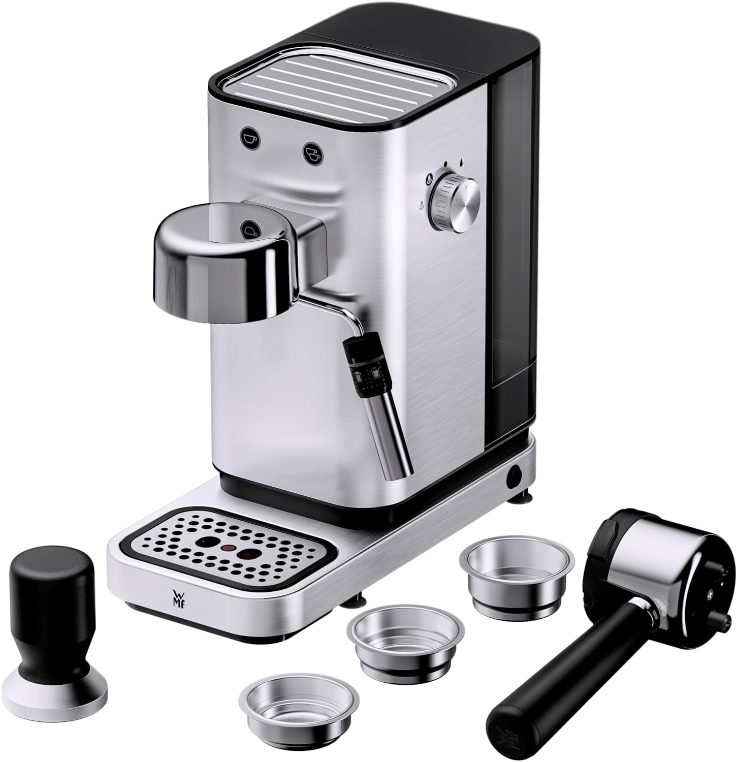 WMF Lumero Espressomaschine, Siebträger, 1400 Watt, Siebträger, 3 Einsätze, für 1-2 Espressotassen, auch für Kapseln, 15 bar, Tassenhalter, Milchaufschäumer, Edelstahl matt