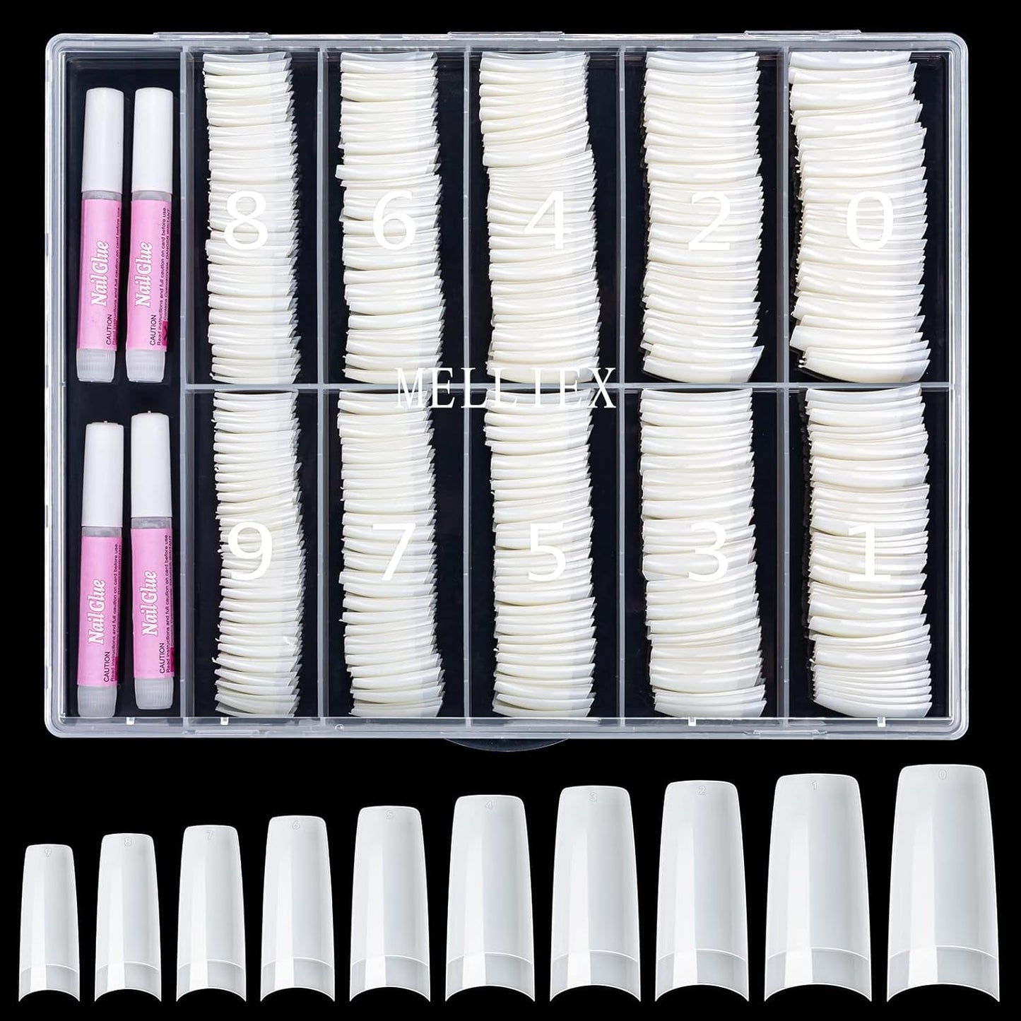 500 Stück französische künstliche Nagelspitzen, Acryl, künstliche Nagelspitzen, Set, Nagelverlängerungen, Nagelspitzen, künstliche Nägel, Zubehör mit 4 Stück Nageldesign-Kleber, Gel-Nägel, natürlich