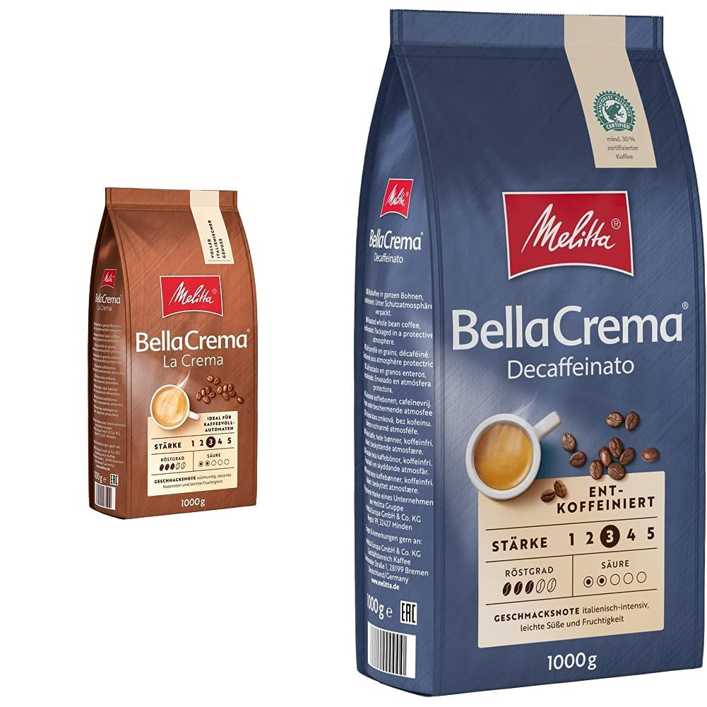 Melitta BellaCrema La Crema Kaffeebohnen 1 kg und BellaCrema Decaffeinato entkoffeinierte Kaffeebohnen 1 kg