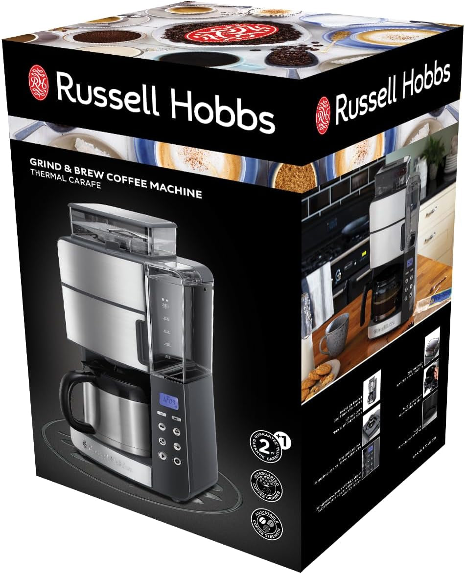 Russell Hobbs Kaffeemaschine mit Mahlwerk und Thermokaraffe [Digitaler Timer, Duschkopf für optimale Extraktion und Aroma] Grind&Brew (1–10 Tassen, 3 Mahlgradeinstellungen) Filterkaffeemaschine 25620-56