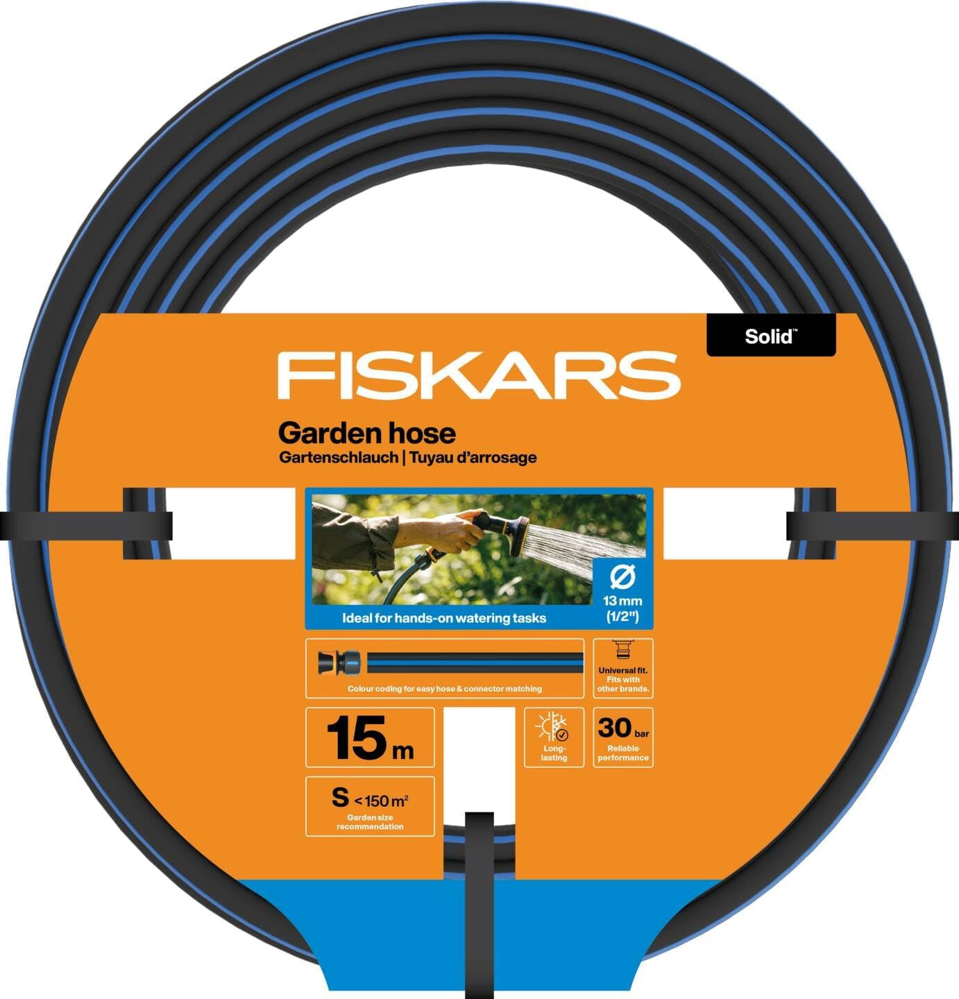 Fiskars S Gartenschlauch, Solid, Wasserschlauch für manuelle Bewässerung, 13 mm (1/2"), Länge: 15 m, Universalanschluss, UV-Schutz, Frostschutz, verdrehsicher, Blau, 1076049