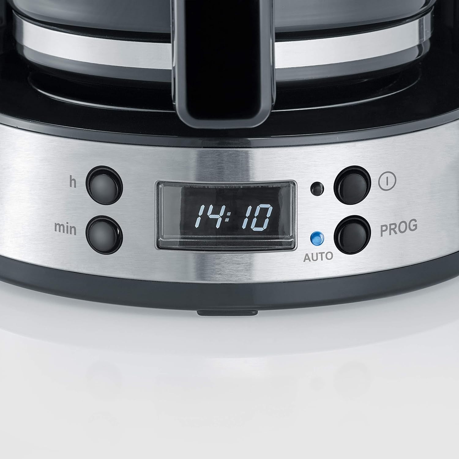 SEVERIN Espressomaschine „TypeSwitch“ mit Glaskaraffe und Timer, AromaSwitch zur Auswahl von 2 Brühoptionen, Digitaluhr mit Timerfunktion, für bis zu 10 Tassen, 1000 W, Edelstahl gebürstet-schwarz, KA 4826