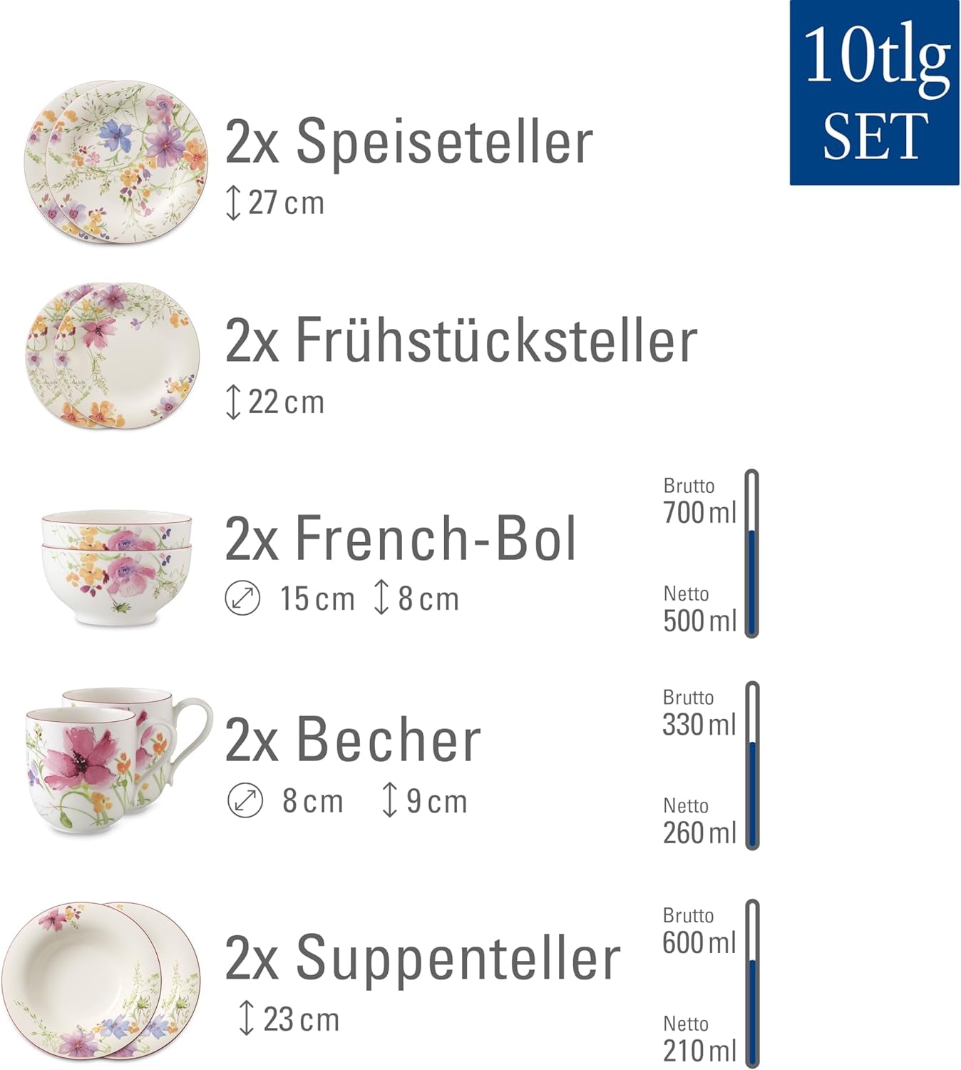 Villeroy & Boch Mariefleur Starter-Set, verschiedene Farben, spülmaschinenfest, mikrowellengeeignet, Geschirrset für 2, florales Geschirrset, Essgeschirr, Kombinationsset, Premium-Porzellan