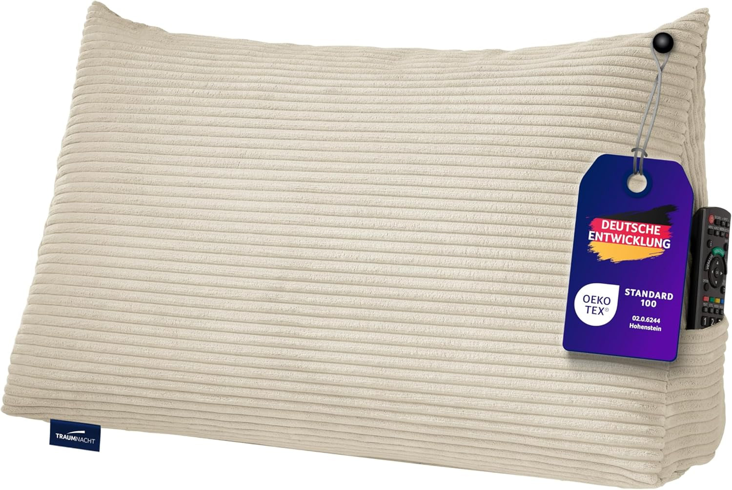 Traumnacht Cozy Rückenkissen, Lesekissen, 70 x 40 cm beige, abnehmbarer und waschbarer Bezug aus 100 % Polyester, praktische Seitentasche, Öko-Tex zertifiziert, nach deutschen Qualitätsstandards produziert