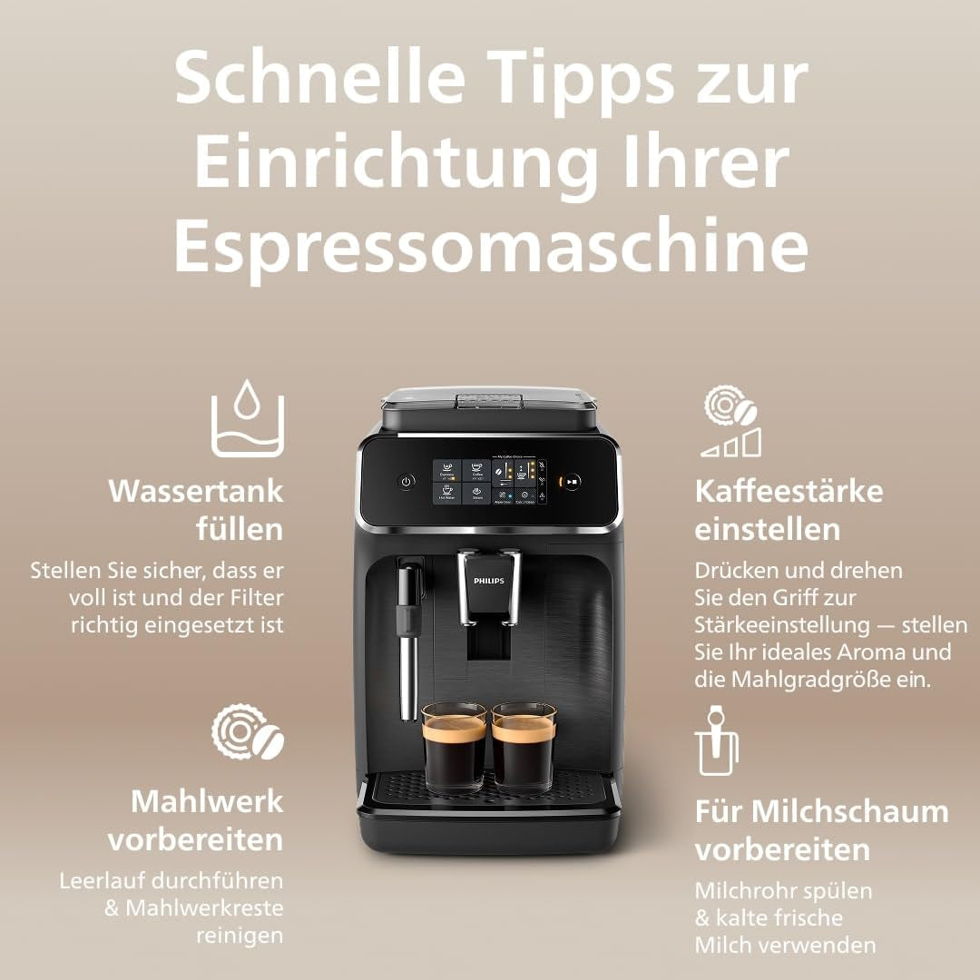 PHILIPS automatische Espressomaschine 2200-Serie – 2 Kaffeespezialitäten, Touch-Display, klassischer Milchaufschäumer, Keramikmahlwerk, mattschwarz (EP2220/10)