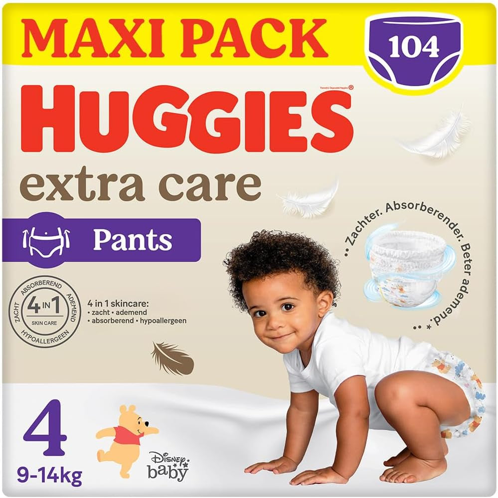 Huggies Extra Care Windeln Größe 4 (9–14 kg), 4 Bündel mit 26 Windeln – 4280 g
