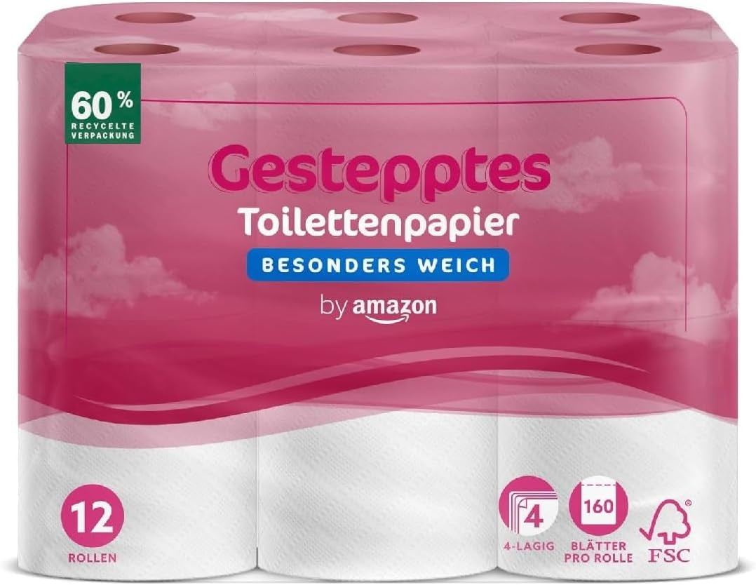 Von Amazon Toilettenpapier, 4-lagig gesteppt, extra weich, 48 Rollen (12 Rollen, 4er-Pack), 160 Blatt pro Rolle, FSC-zertifiziert