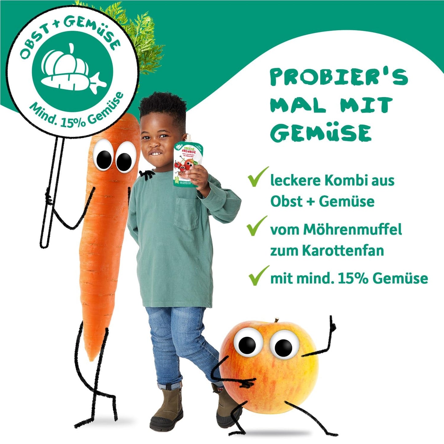 FRECHE FREUNDE Bio-Quetsch-Früchtebeutel mit Äpfeln, Erdbeeren, Roter Bete und Karotte, Obst- und Gemüsepüree im Quetschbeutel für Babys ab 6 Monaten, vegan, 6er-Pack (6 x 100 g)