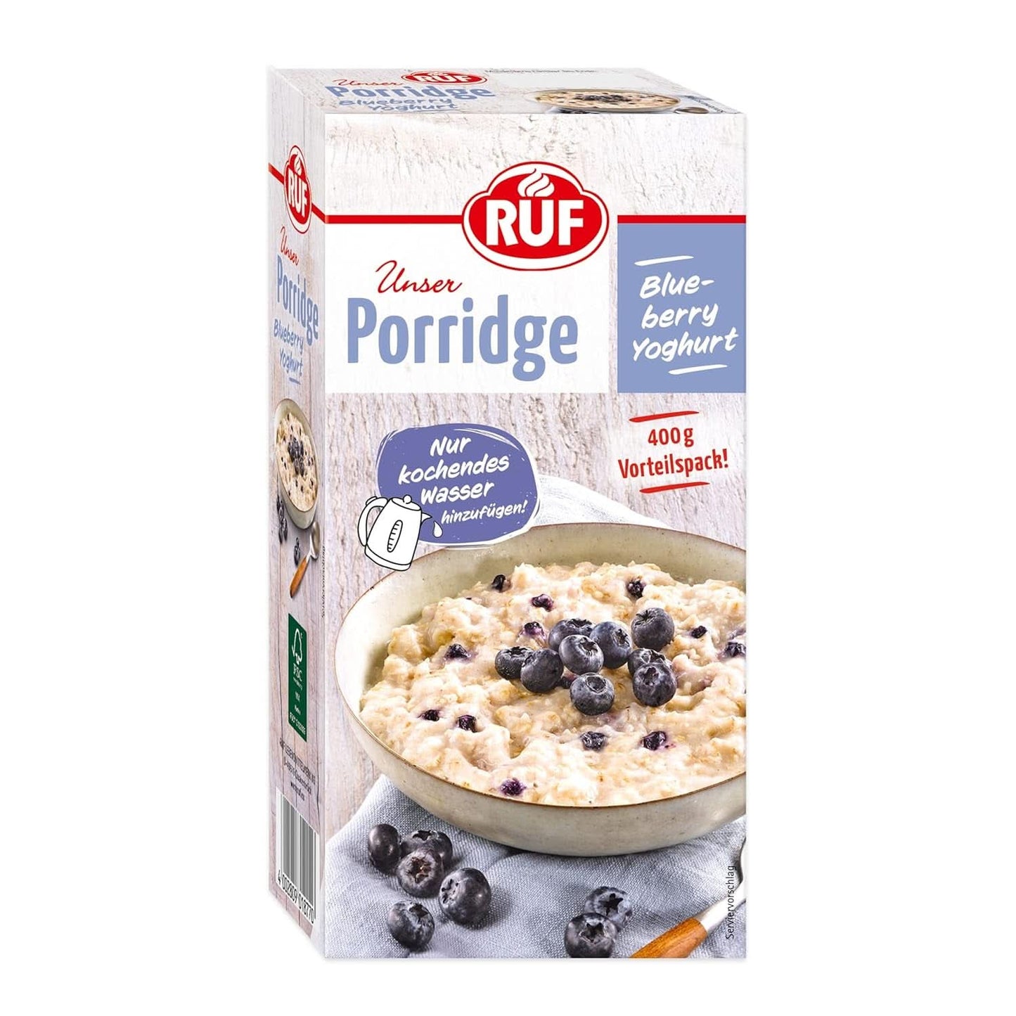 RUF Porridge Apfel-Zimt, mit Vollkorn-Haferflocken, feinem Zimtgeschmack und getrockneten Apfelstücken, 400 Gramm Naty Shop Cereals 400 Gramm Joghurt mit Blaubeeren