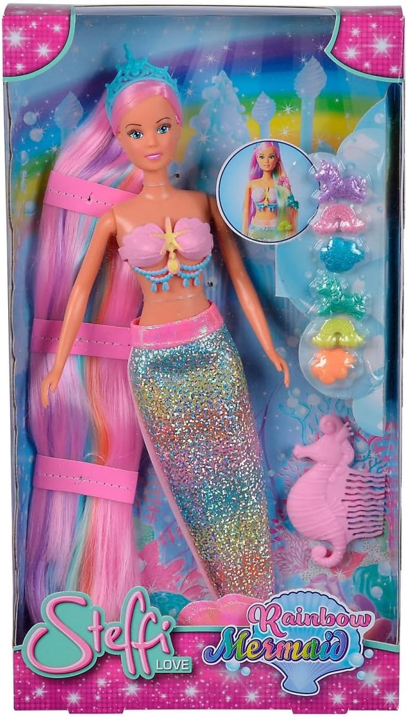 Simba 105733610 - Steffi Love Rainbow Mermaid, Regenbogen-Meerjungfrau-Modepuppe mit bunten Haaren, Haarspangen, Kamm und abnehmbarer Flosse, Spielpuppe 29 cm, ab 3 Jahren
