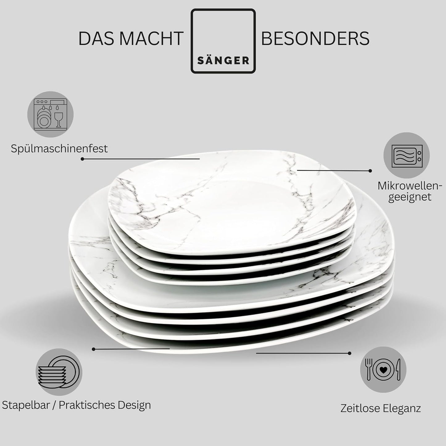 SANGER | Bilgola Marmor-Geschirr-Set, 36-teilig, für 6 Personen, mit Speisetellern, Desserttellern, Suma-Tellern, Müslischalen, Kaffeetellern und Porzellan-Untertassen, quadratisch | DIE PREMIUM-KOLLEKTION