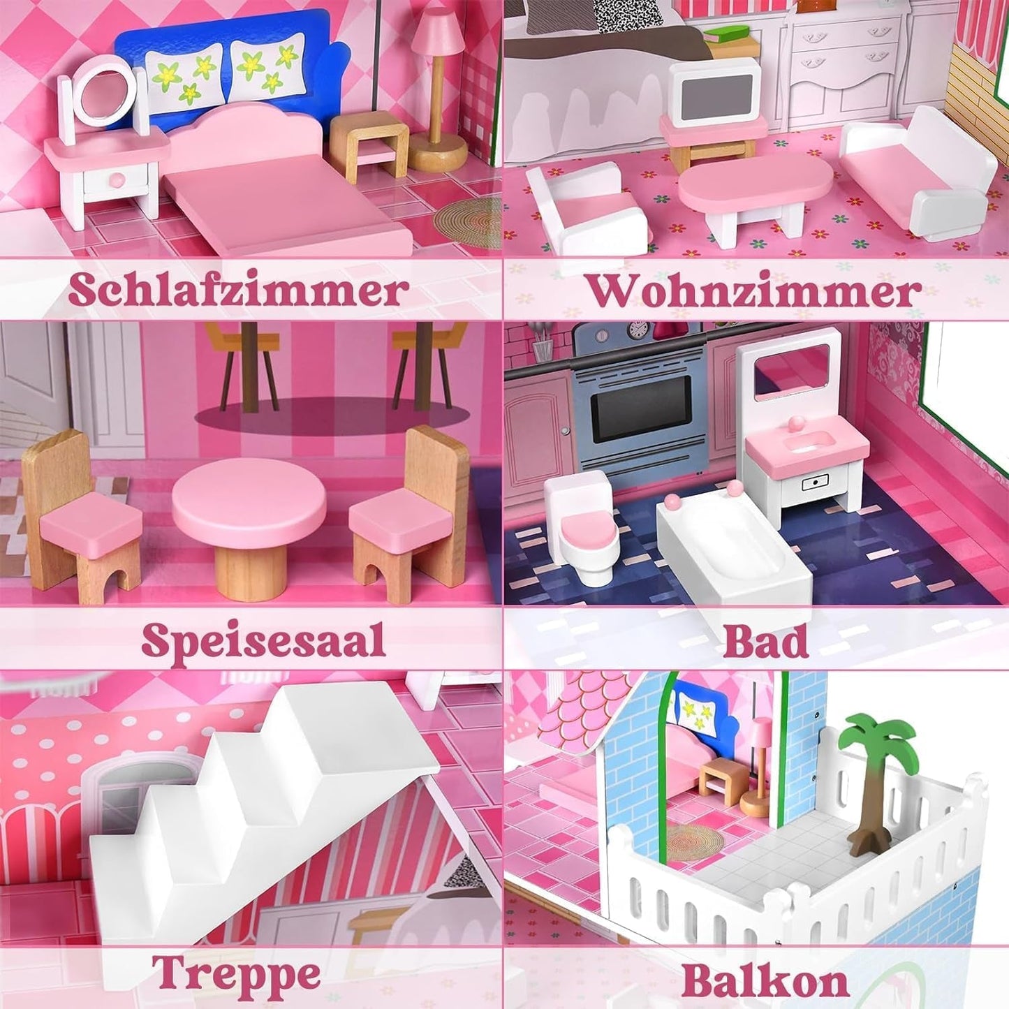 HENGMEI Puppenhaus Kinder Holz Puppenvilla Dollhouse Set Mädchen Spielset 3 Etagen Haus mit Möbeln und Zubehör, 70x30x100cm Puppenhäuser für Kinder (Typ B)