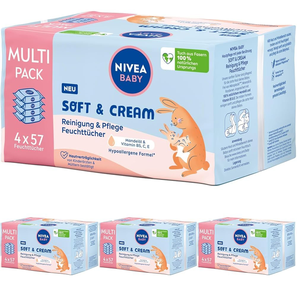 NIVEA BABY Soft & Cream Feuchttücher für Babys (4 x 57 Stück)