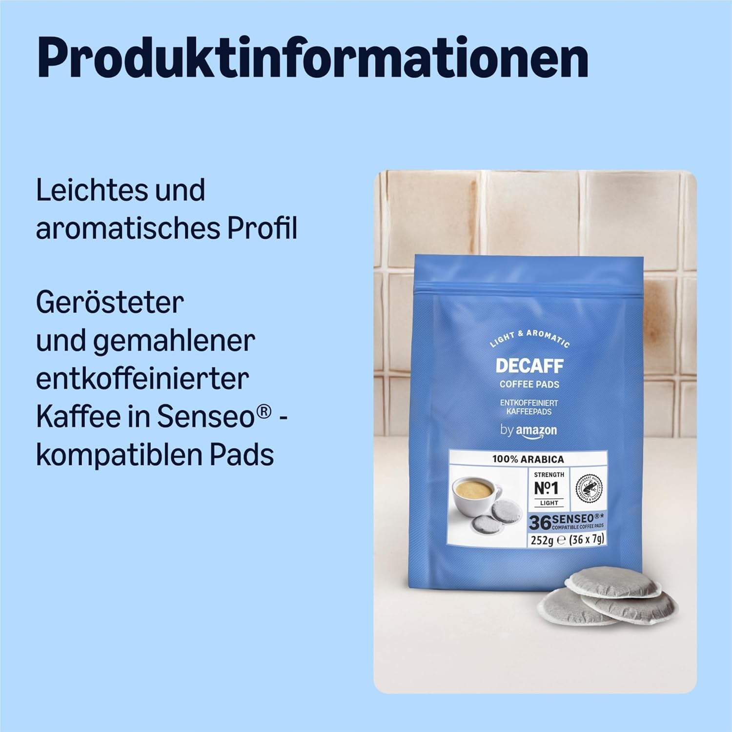 von Amazon Entkoffeinierte 100% Arabica-Kaffeepads, geeignet für Senseo-Maschinen, mittlere Röstung, 36 Stück (1 Packung mit 36 ​​Stück) – Rainforest Alliance-zertifiziert
