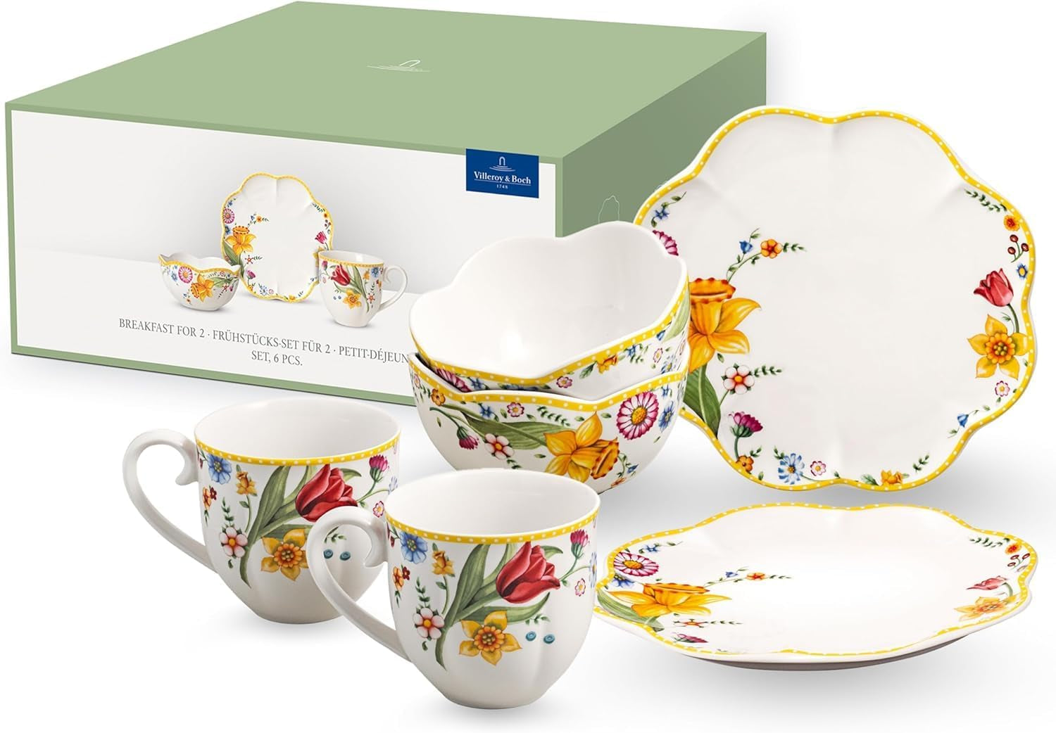Villeroy & Boch - Frühlingserwachen Frühstücksset für 2, 6-teilig, Ostergeschirr-Set, Frühstück, Ostern, Kaffeeservice, Frühlingsgeschirr, Porzellan
