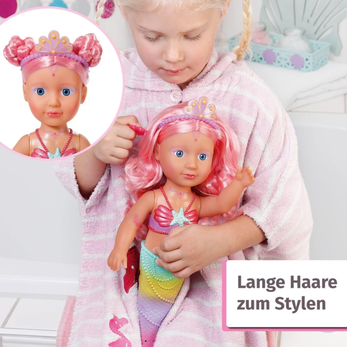 BABY Born Little Sister Mermaid 46 cm Wasserfeste Meerjungfrauenpuppe mit langen Haaren und beweglicher Glitzerflosse, inkl. Tiara und Kamm, 833681 Zapf Creation Dolls Naty Shop