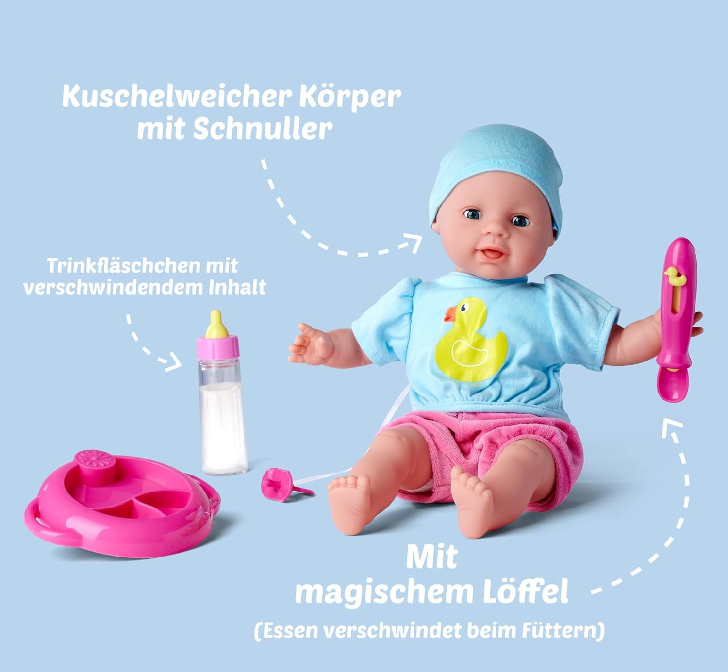 Simba 105010964 – Laura Hungry Weichkörperpuppe mit Schaufensterpuppe, Zauberlöffel, Flasche mit verschwindendem Inhalt und kleinem Teller, 38 cm, Puppe ab 2 Jahren Naty Shop Dolls