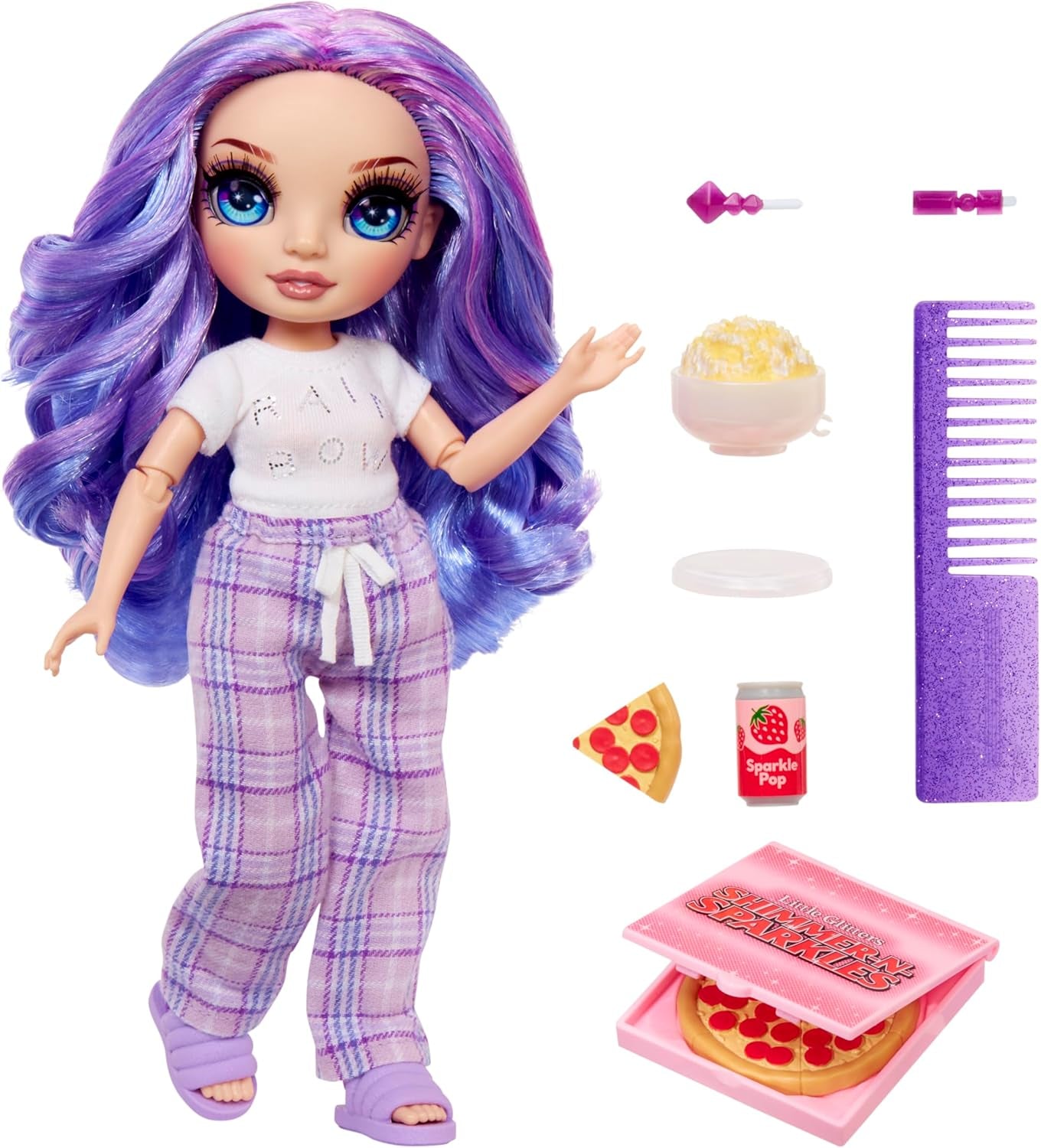 Rainbow High Junior High PJ Partypuppe – Violett – 22 cm mit weichem Overall, Hausschuhen und Spielzubehör – Kinderspielzeug – Ideal für 4–12 Jahre