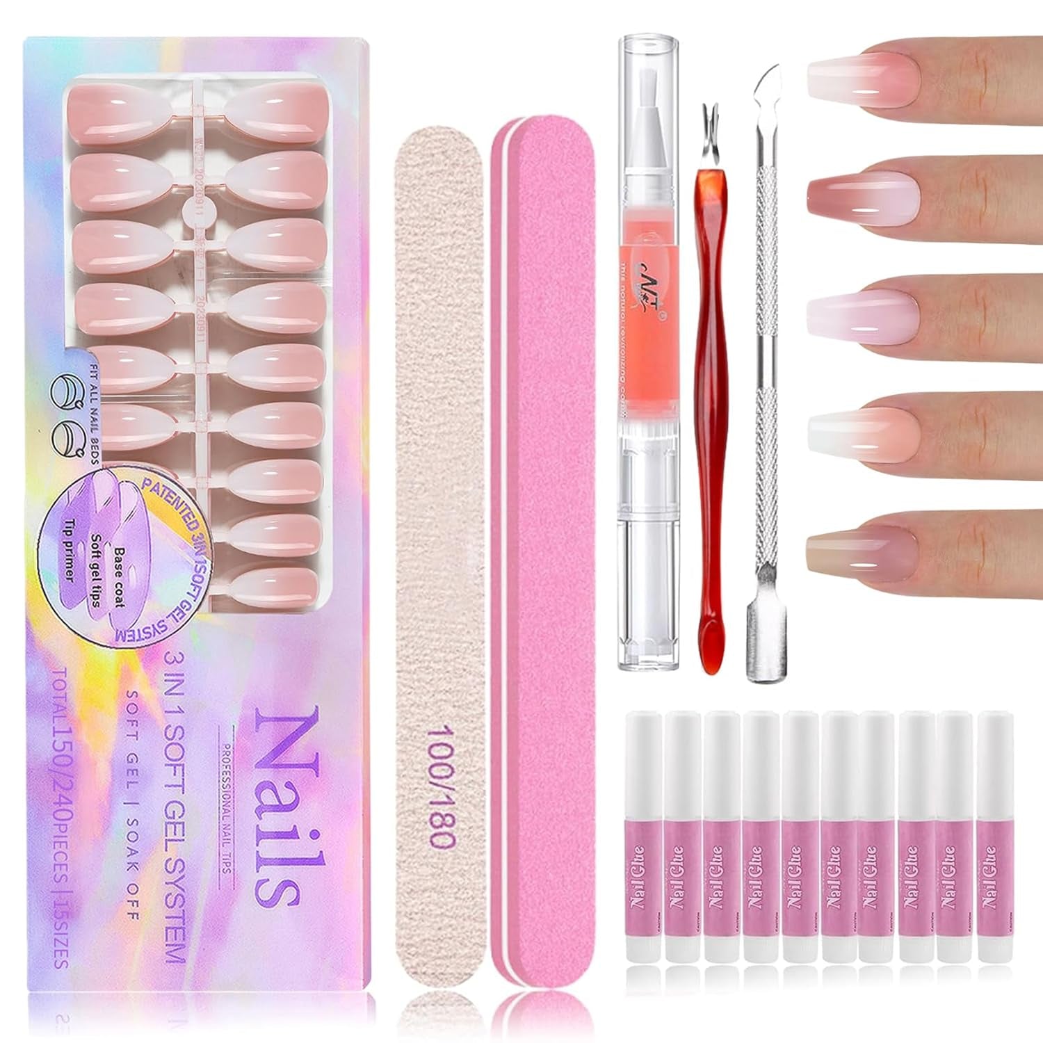 150-teiliges Kunstnägel-Set mit Farbverlauf – 5 Farben, Ombre-Design, selbstklebende künstliche Nägel – vollständige Abdeckung für Frauen und Mädchen – glänzende künstliche Nägel für DIY-Maniküre (quadratisch)