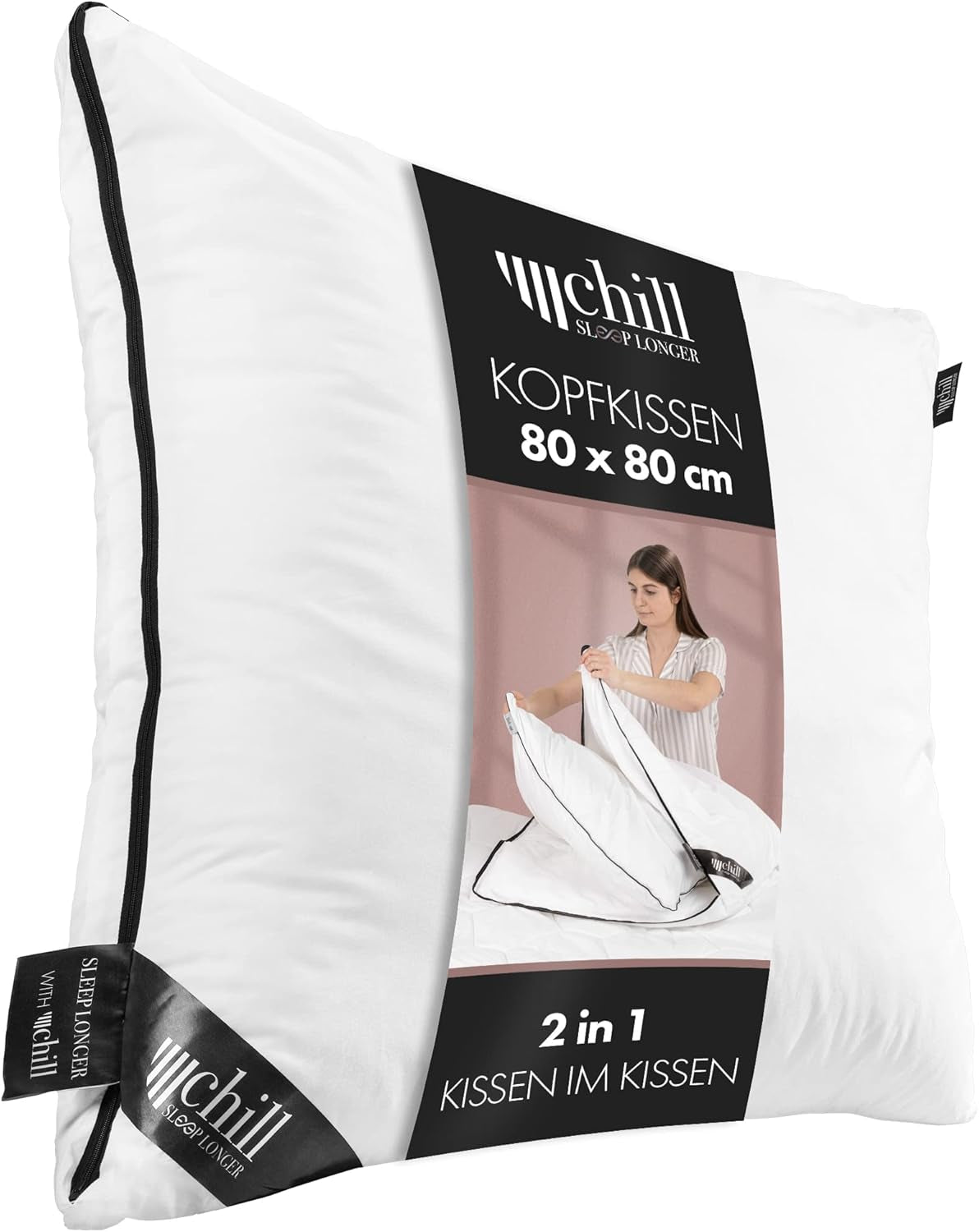 Kissen 80 x 80 cm – 2-in-1-Design – Kissen im Kissen – atmungsaktives und waschbares großes Schlafkissen und 100 % vegan – 2 Kissen 3 Optionen – Kissen mit 600 g und 1200 g Füllung Naty Shop Standardkissen Premium-Kissen 80 x 80 cm