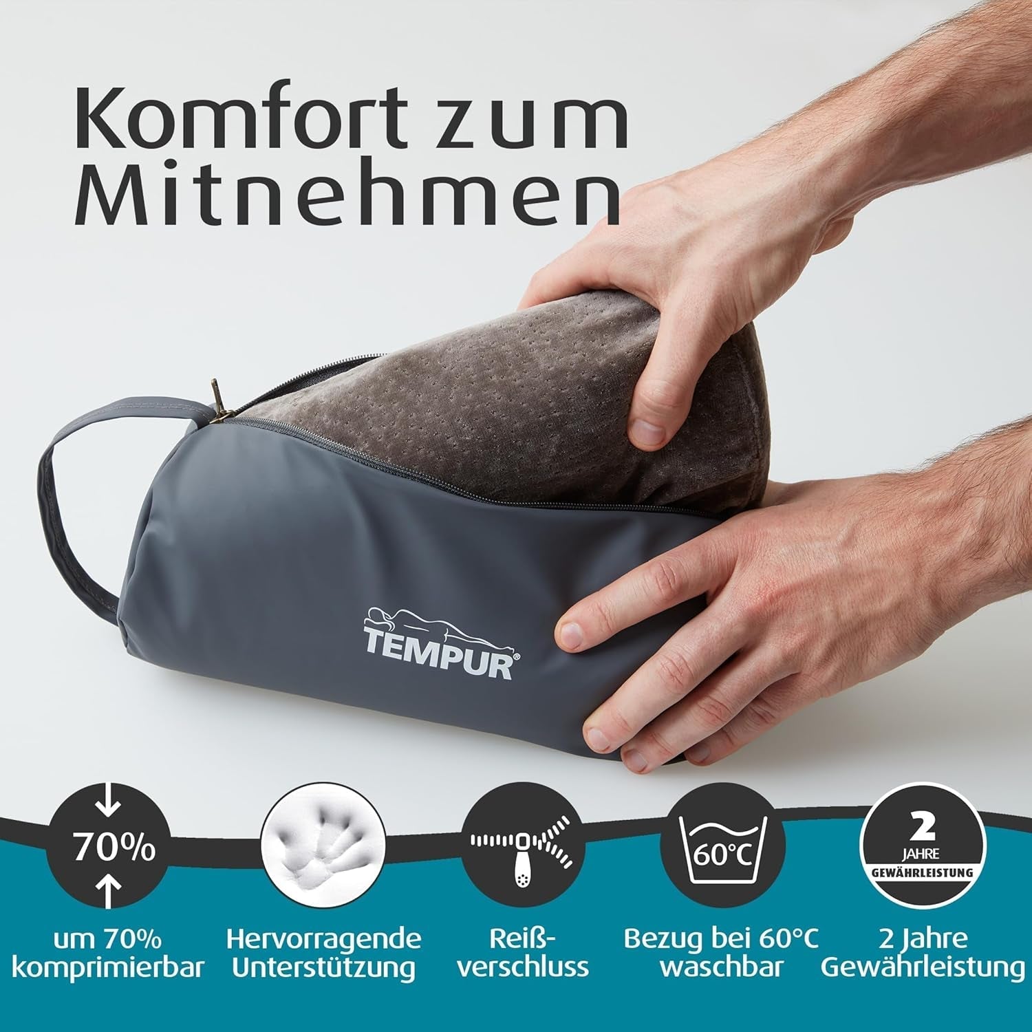 TEMPUR Memory Foam Reisekissen, ergonomisches Nackenkissen, inklusive Tragetasche, anthrazit, Maße 25 x 31 x 10/7 cm