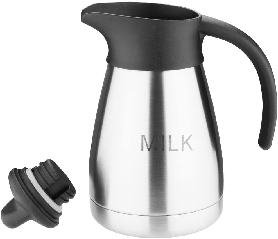 Olympia Vakuum-Milchbecher mit Schraubverschluss, 500 ml/17 oz, Edelstahl mit schwarzem Deckel, seitlicher Milchaufdruck, Buffetstationen für Tee und Kaffee, CL371