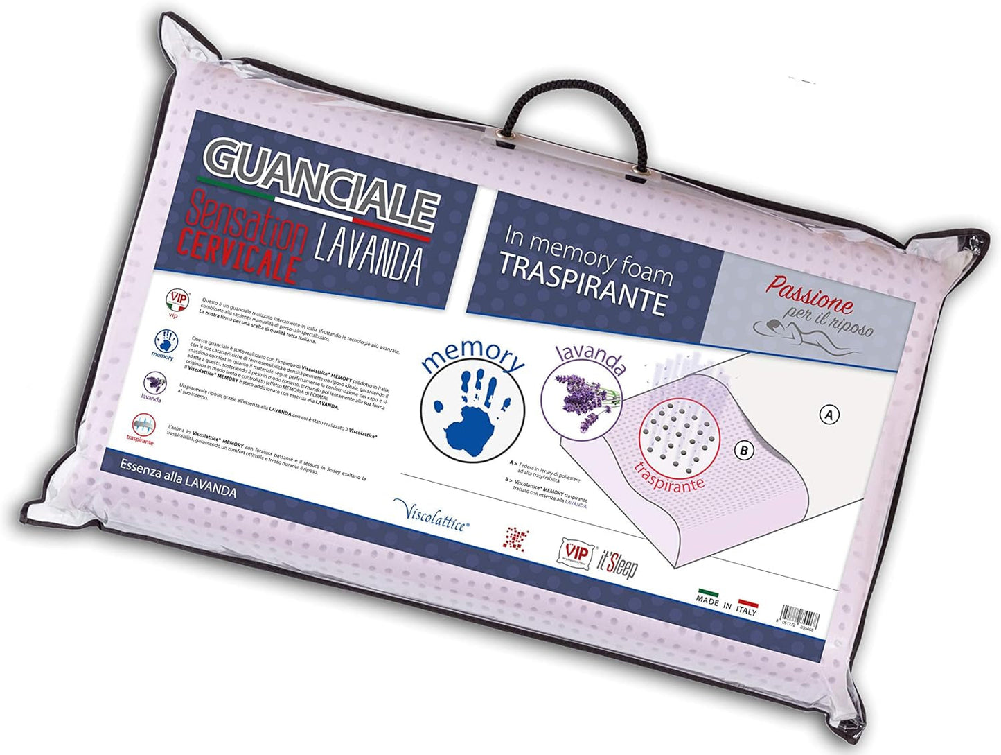 V.I.P. Very Important Pillow Seifenkissen, Locken, Memory-Schaum, mit Lavendelbehandlung, 42 x 72 x 11, hergestellt in Italien, weiß, C.854492 Naty Shop Standardkissen Alb Viscolattice Memory Con Trattamento Lavendel – Cervicale