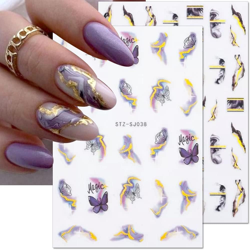 6 Blatt 3D Lila Schmetterling Nagelstickers Selbstklebend Nagelaufkleber Schmetterlinge Nail Sticker Bunte Blühen Marmor Nagel Aufkleber Regenbogen Welle Linien Nail Art Aufkleber Nageldesign Zubehör
