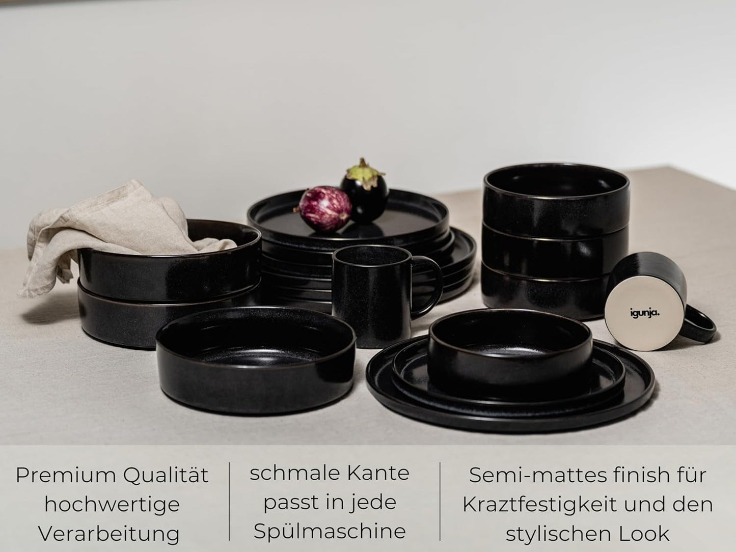 Schüssel- und Tellerset aus schwarzem Steinzeug [12 Teile für 4 Personen] 100 % handgefertigtes schwarzes Geschirrset mit hochwertiger reaktiver Glasur
