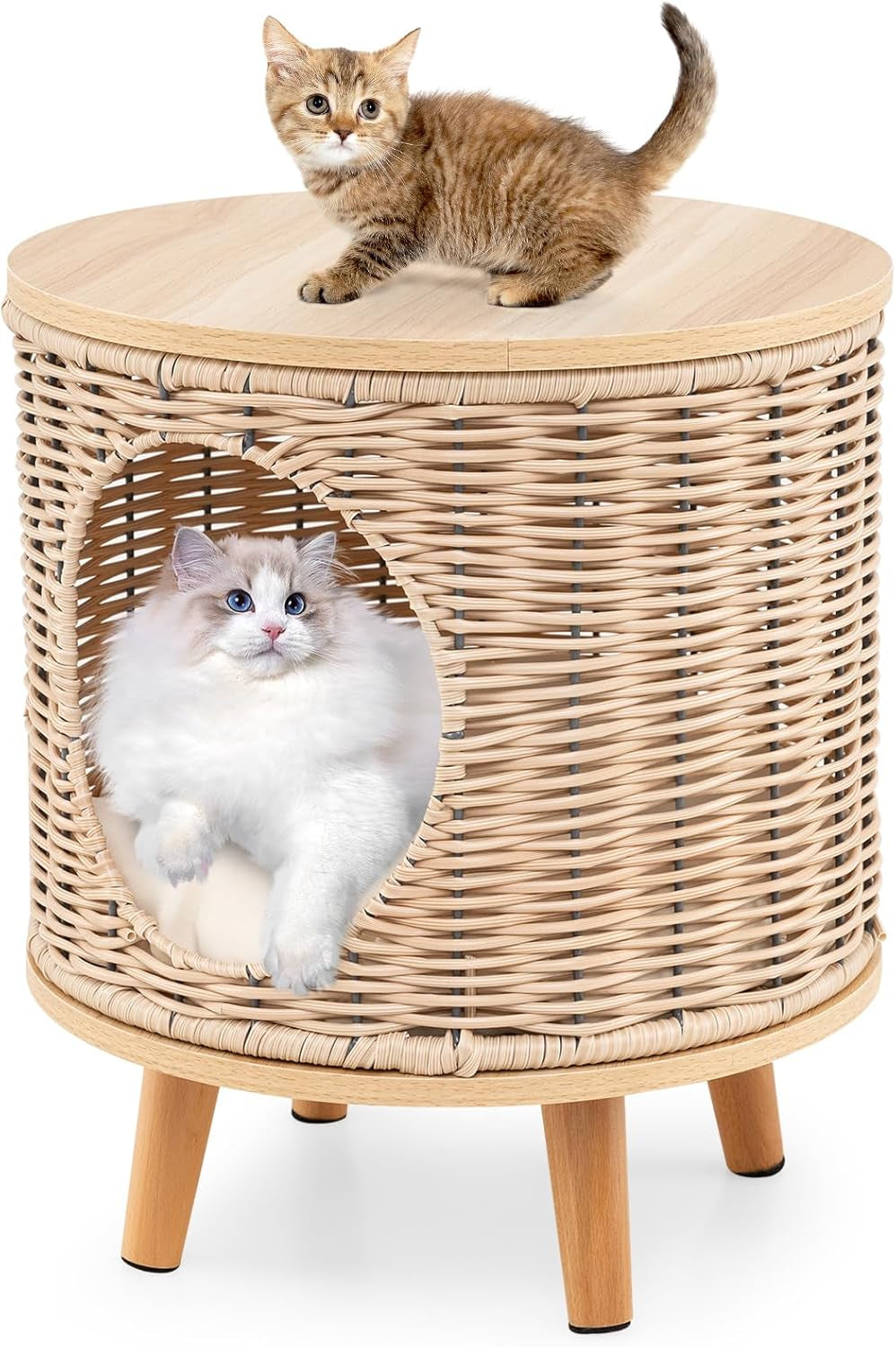 Katzenhaus Rattan, Katzenmöbel mit Holzbeinen & weichen Kissen, 3 in 1 Katzenhöhle Fußhocker Nachttisch, Katzenbett stabil bis 30 kg für Wohnzimmer Schlafzimmer