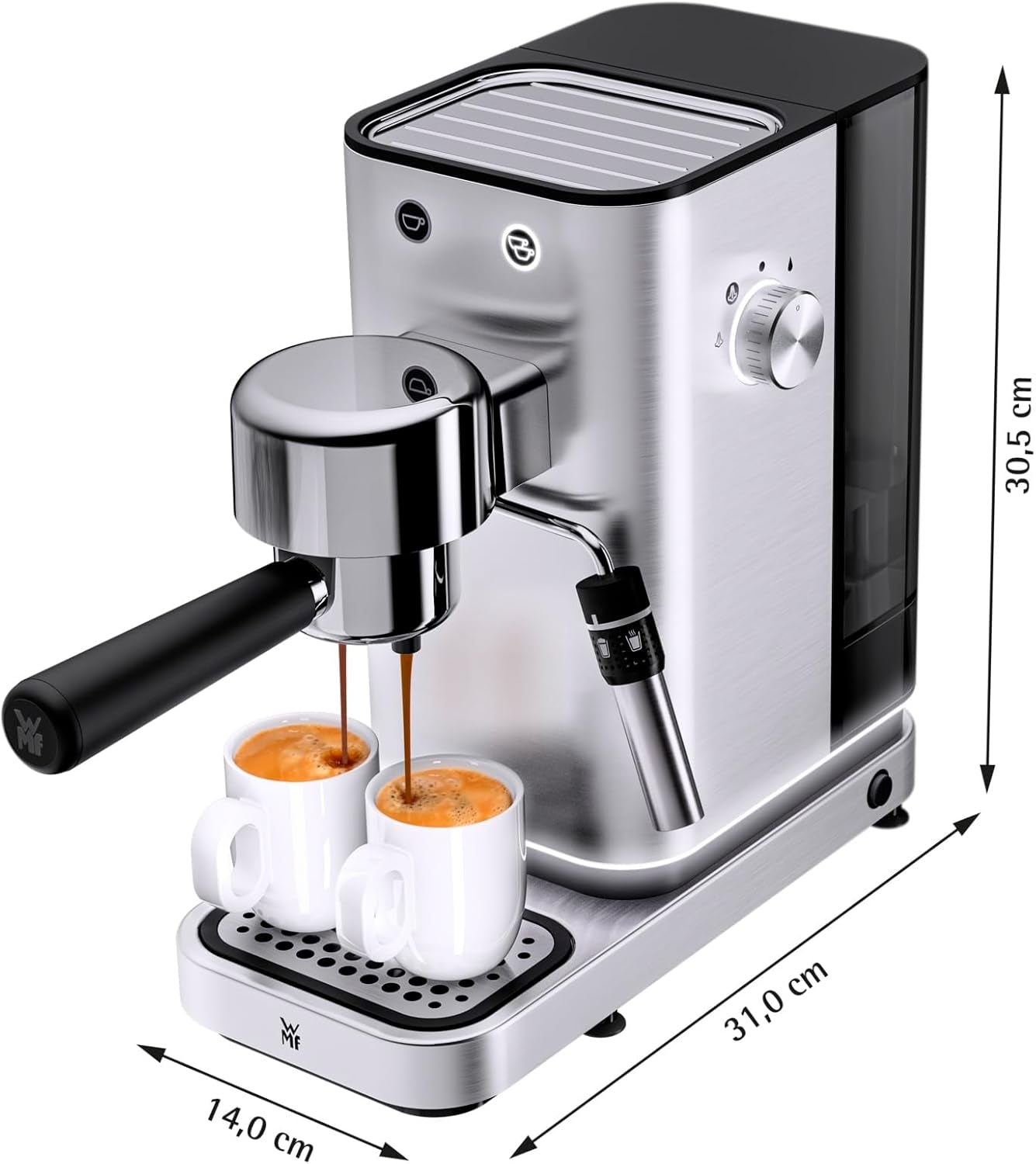 WMF Lumero Espressomaschine, Siebträger, 1400 Watt, Siebträger, 3 Einsätze, für 1-2 Espressotassen, auch für Kapseln, 15 bar, Tassenhalter, Milchaufschäumer, Edelstahl matt